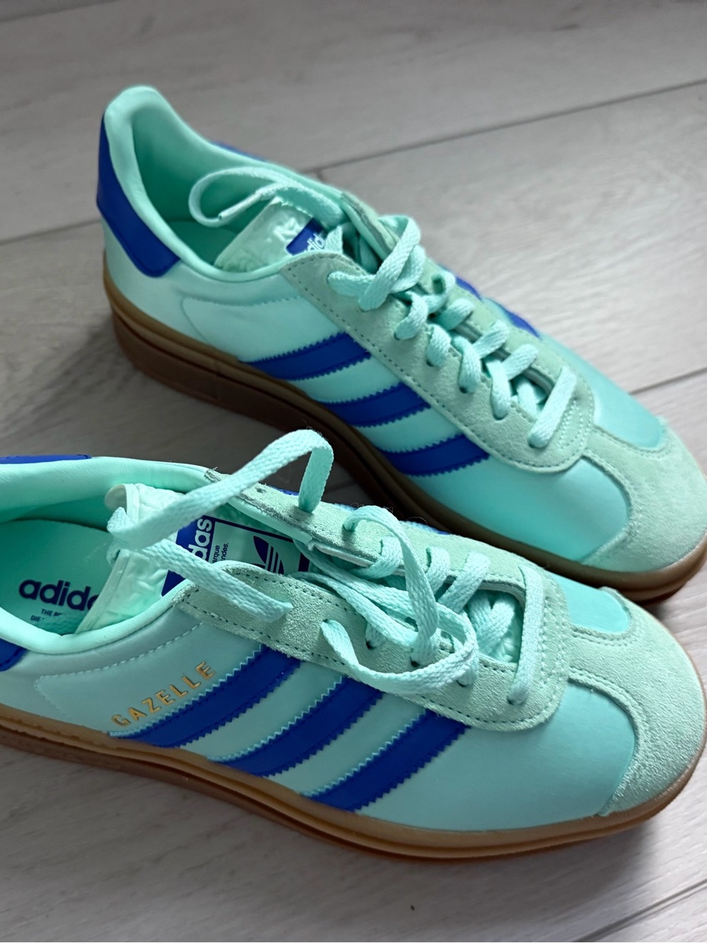 adidas Women Gazelle Sneakers in Mint Green and Royal Blue